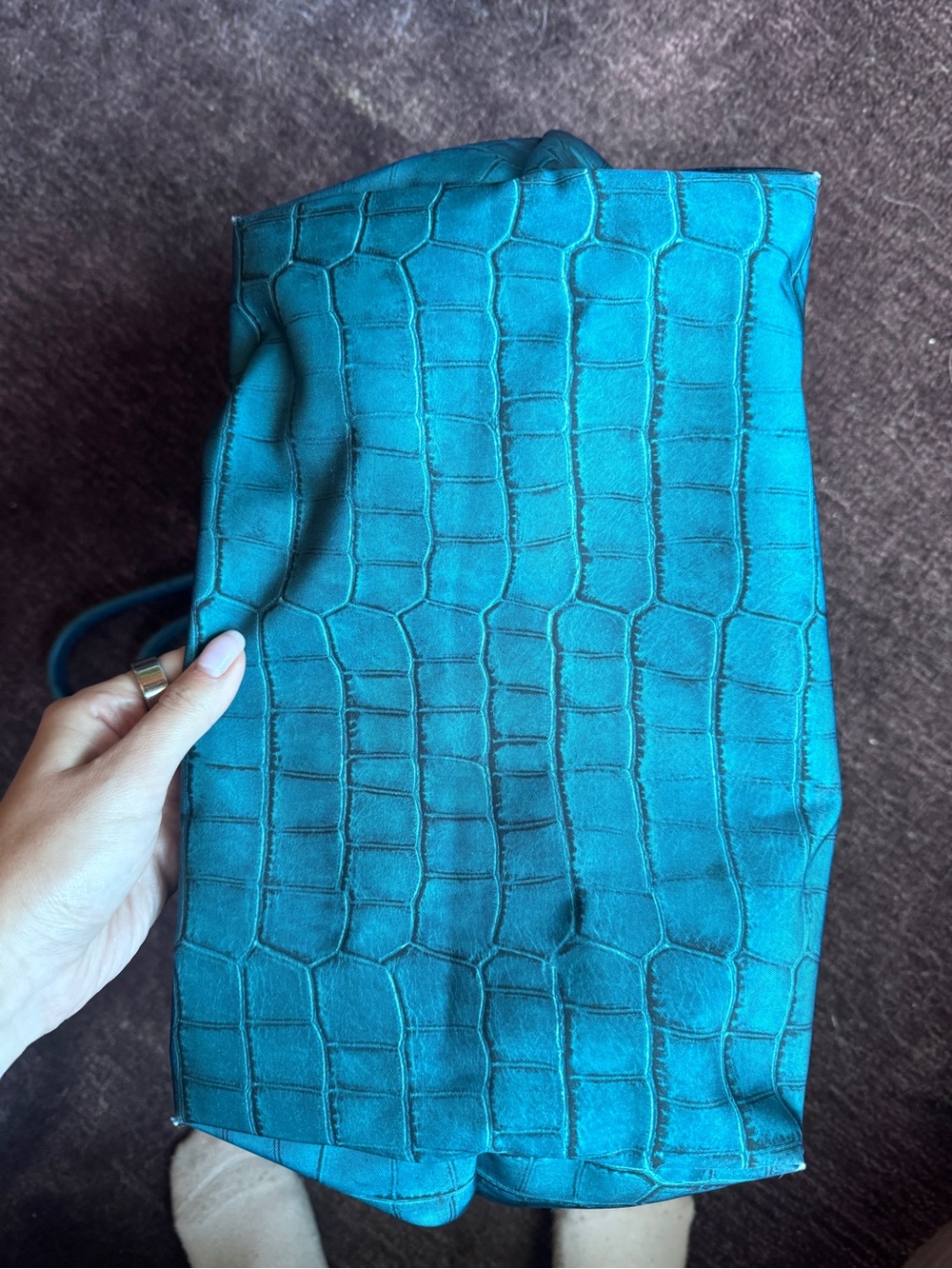 Longchamp Blue Teal Croc-Embossed Print Le Pliage Tote - size medium - Picture 6 of 9